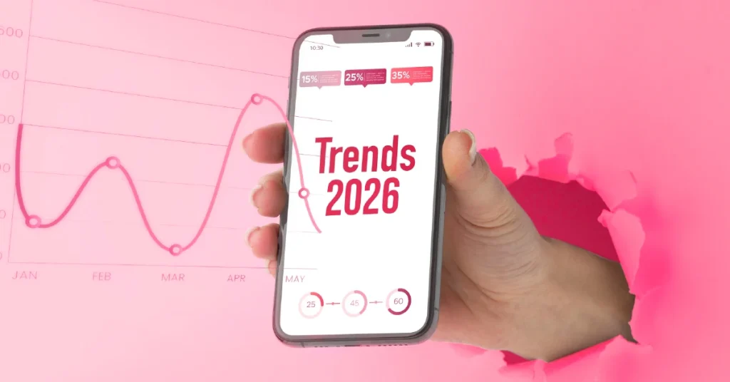 Smartphone con gráficos de crecimiento y el texto Trends 2026, ilustrando las tendencias del marketing digital para el futuro en Wolf Publicidad.