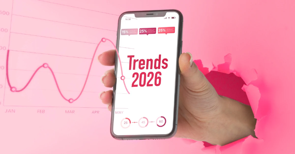 Smartphone con gráficos de crecimiento y el texto Trends 2026, ilustrando las tendencias del marketing digital para el futuro en Wolf Publicidad.